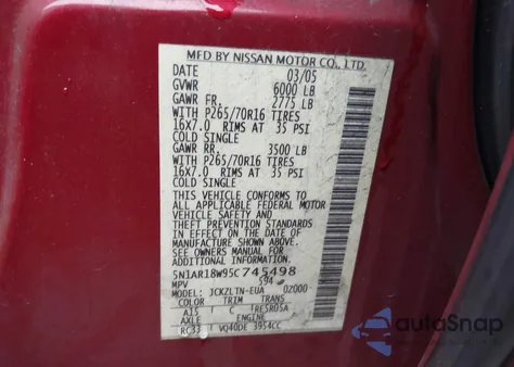 2005 Nissan Pathfinder Se from USA, damaged, VIN 5N1AR18W95C745498